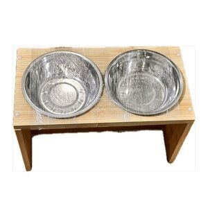 Stainless Steel Double Dog Bowl with High Wooden Stand